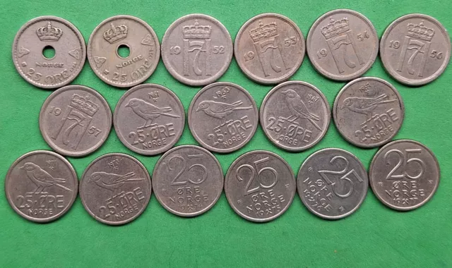 Lot of 17 Different Old Norway 25 ore Coins 1924-1977 Vintage World Foreign !!