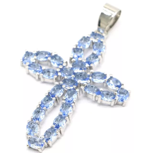 Classic Long Cross Shape Rich Blue Violet Tanzanite Anniversary Silver Pendant