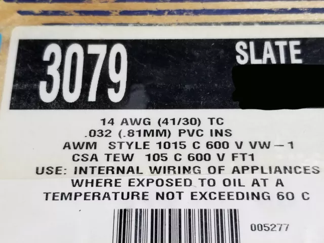 Alpha Wire 3079 #14awg Tinned Copper Hook Up Wire 600V 105C MTW TEW Slate /25ft