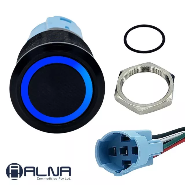 Round Switch Push Button Latching ON OFF 12V 16mm NO NC IP67 BLUE LED RING Black