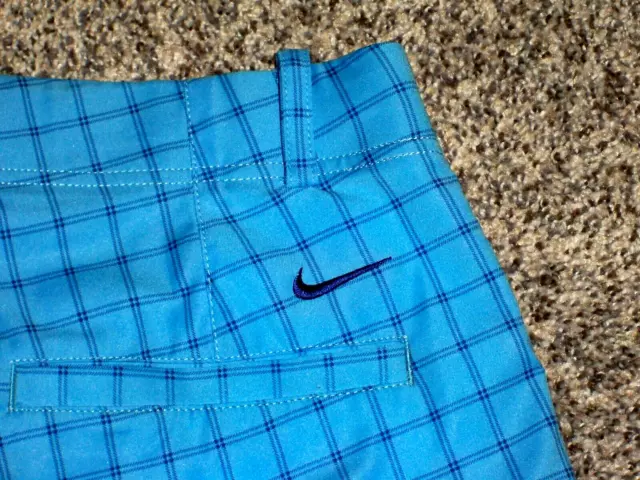 NWOT Men's NIKE GOLF Dri-Fit Zip Golf Shorts Size 32 AQUA BLUE Plaid w/Swoosh