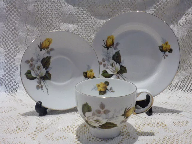 Vintage Elizabethan England Bone China Trio White And Yellow  Rose Design