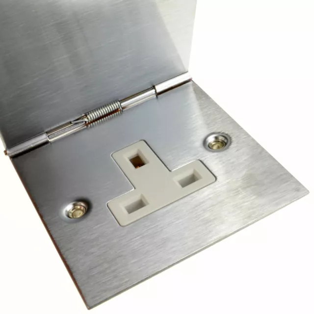 13A Hinged Single Gang UK Mains Floor Socket 240V Brushed Steel