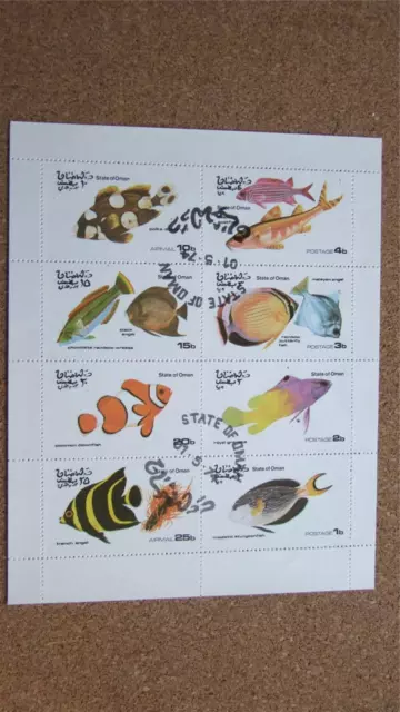 Cto State Of Oman Miniature Sheet With 8 Fish Stamps