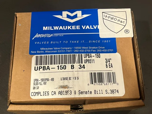 Box of 6 Milwaukee UPBA150 3/4" Full-Port DOMESTIC LF Bronze Ball Valves 600 WOG