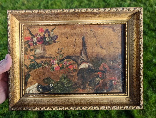 ANTIQUE 19TH CENTURY Still Life Oil Painting on Panel Chickens Rabbits ...