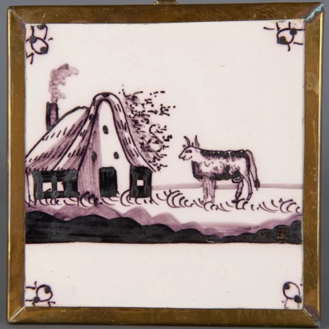 Nice Dutch Delft Manganese tile, landscape with farm and cow, 19th century.
