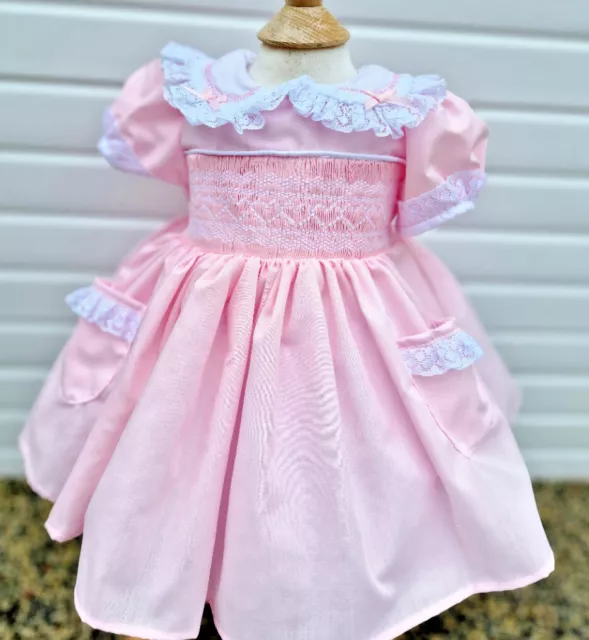 Baby girls   0-7 years pink hearts smocked embroidered traditional  netted dress