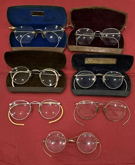 Vintage 12K Gold Filled Wire Rim Eyeglasses Lot of Seven and Cases