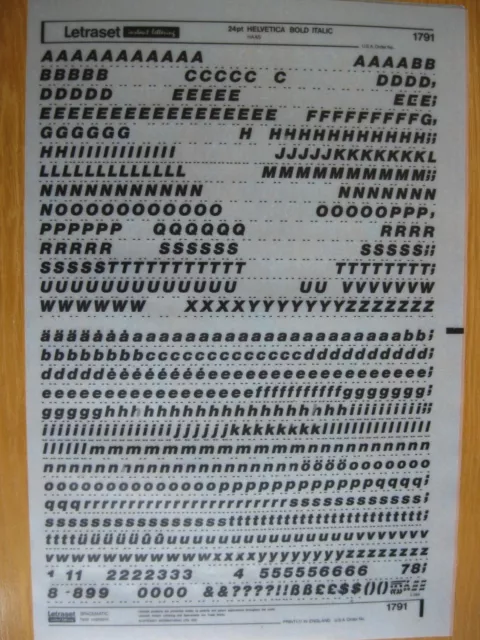 0,1 x Letraset Upp/Low & Num HELVETICA FETT KURSIV 24pt 6,5 mm Blatt 1791 b(bb)