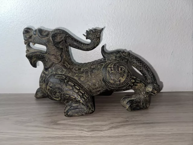 Chinese Dragon Pi Xiu Sculpture Statue Black Carved Style Plaster 8.5" Vintage