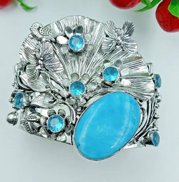 Turquoise & Swiss Blue Topaz Gemstone 925 sterling Silver Jewelry Cuff Bracelet