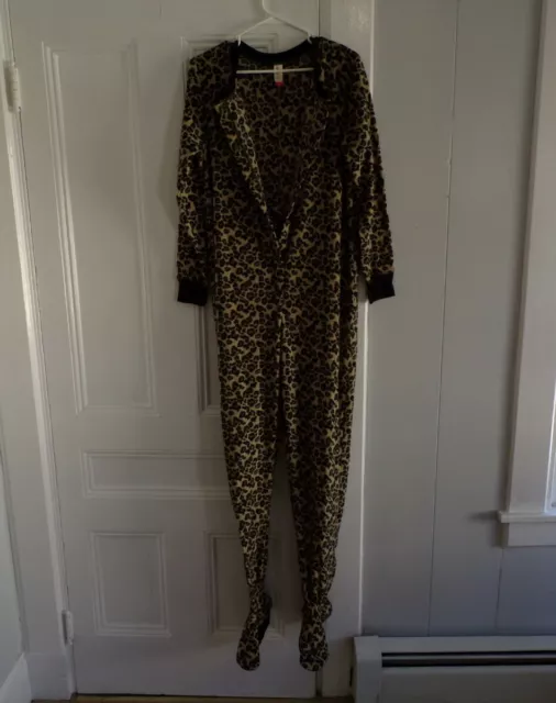 No Boundaries Women's Pajama Leopard Print Black Button Up One Piece Footie Sz M