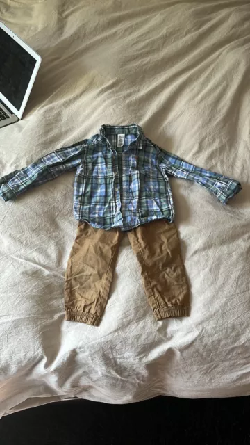 Boys 2 Piece Set Outfit, Plaid Button Down Shirt And Pants, Size 24 Month, Used