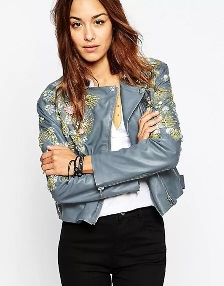 ASOS 252144 Womens Biker Jacket with Embellished Yoke Blue Size 10 US