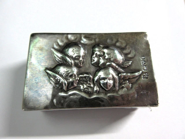 Antique EDWARDIAN SOLID SILVER MATCH BOX HOLDER, Repousse Angels, Chester c1905