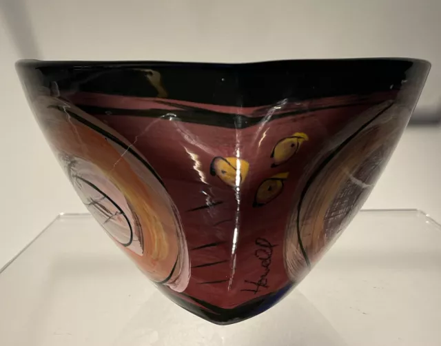VTG Steve Howell Studio Pottery Majolica Triangle Bowl Signed Black ABSTRACT