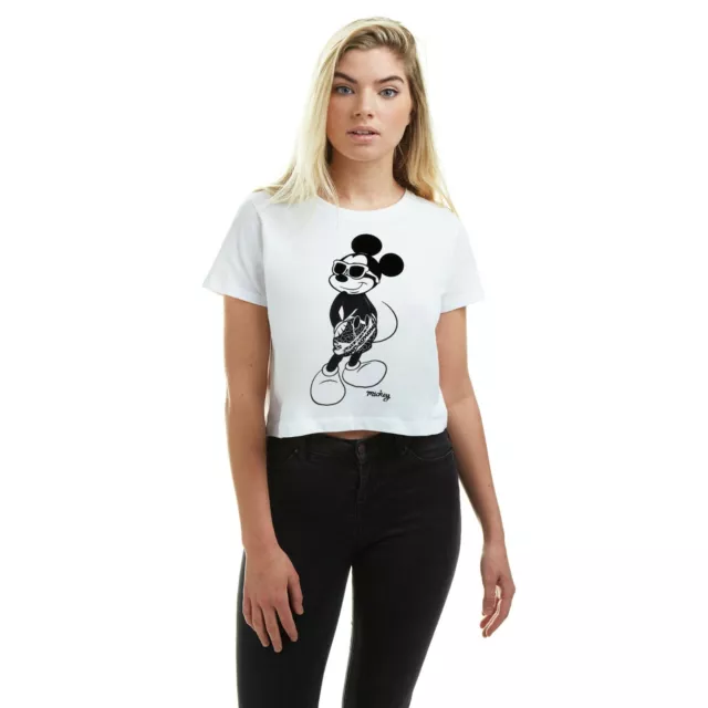 Official Disney Ladies Mickey Mouse Cool Cropped T-shirt White S - XL