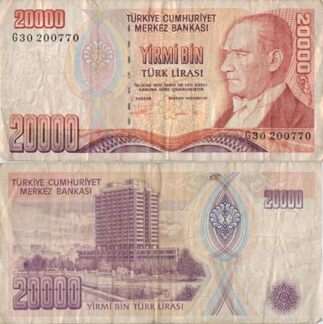 Turkey 20 000 Lira 1970 (1995) P-202 Banknote Europe Currency #5186
