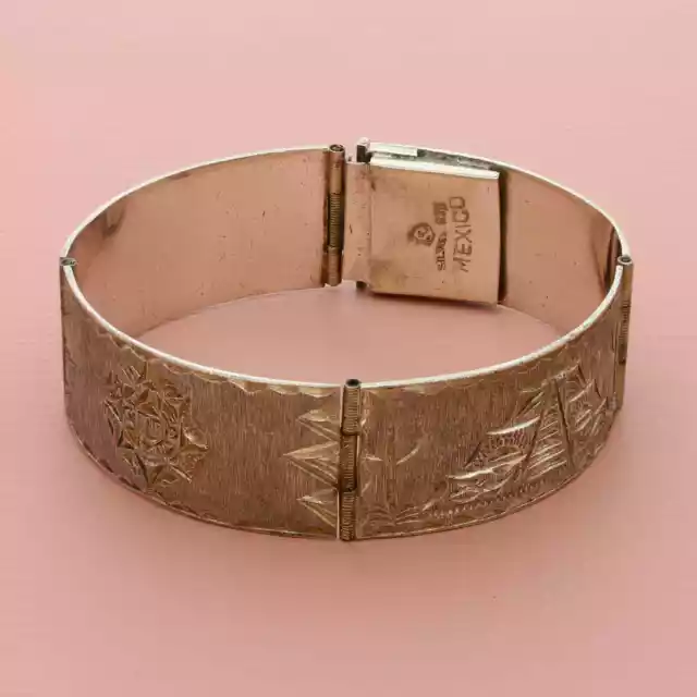 mexico sterling silver vintage aztec etched panel link bracelet size 7in