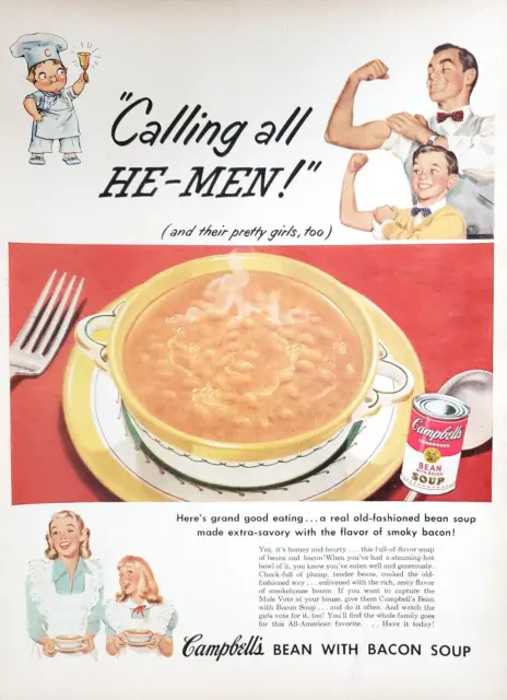 PRINT AD Campbells Bean with  Bacon Soup 1952 Calling All He Men Boy Dad