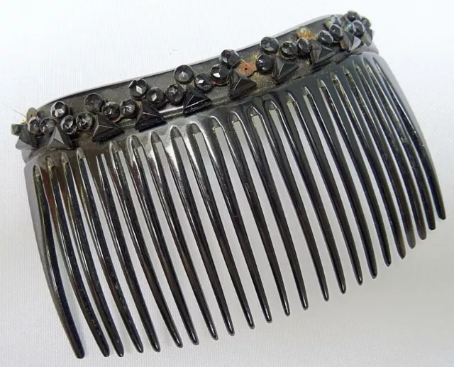 Pettine capelli vintage celluloide nera anni '20 sfaccettata fascia vetro jet francese donna anni '20