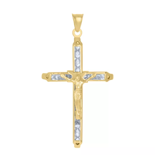 10K Yellow Gold Princess Cut Cz Crucifix Cross Religious Charm Pendant
