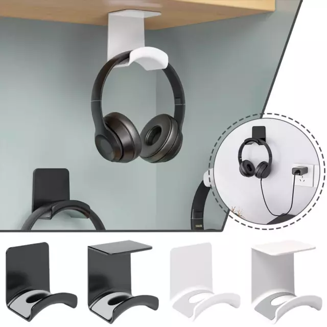 Headphone Stand Adhensive Plastic Wall Mount Hanger Under Desk Headset Rack B9W5