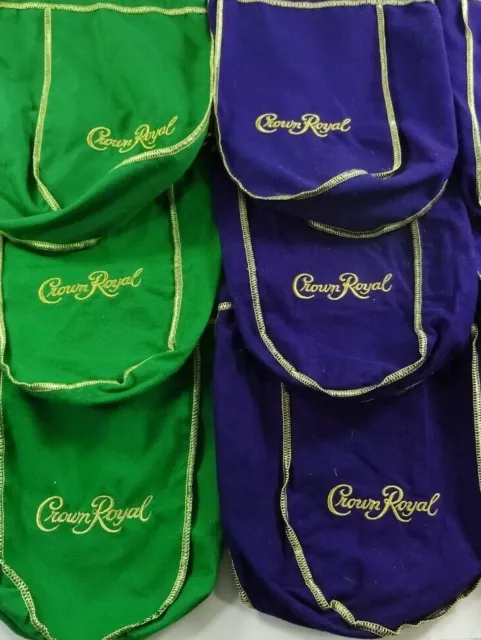 Mixed Lot of 6 Crown Royal 750ml Drawstring Bags 3 Green & 3 Purple 9"