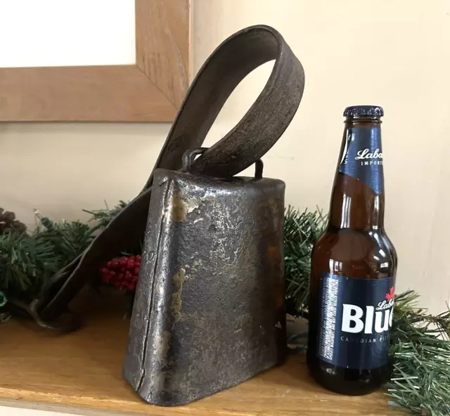 Antique Huge Iron Cowbell Blacksmith Made Hand forged w/Original Leather Strap