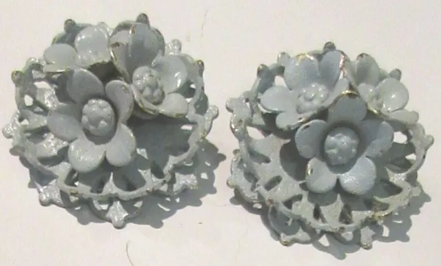 VTG BARCLAY 1" light blue silver Tone Metal Flower stud Earring PAIR clip on