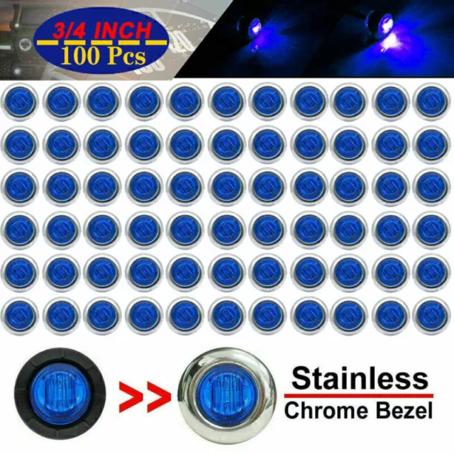 100X Blue 3/4" Bullet Round LED Light Chrome Bezel Side Marker Truck Trailer