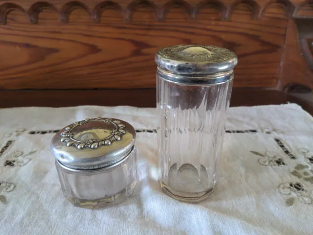 2 Antique Sterling Silver Glass Vanity Bureau Dresser Jars