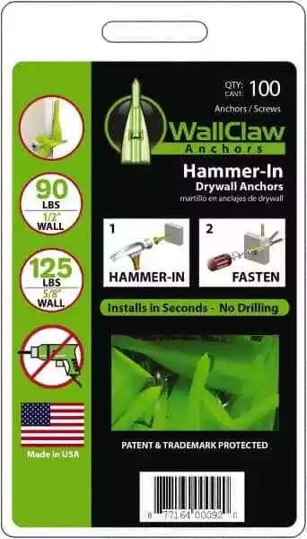 100 Pack WallClaw PCK-WC100-YS 1/2" Diam x 2" OAL, #8-#10 Screw Drywall Anchor