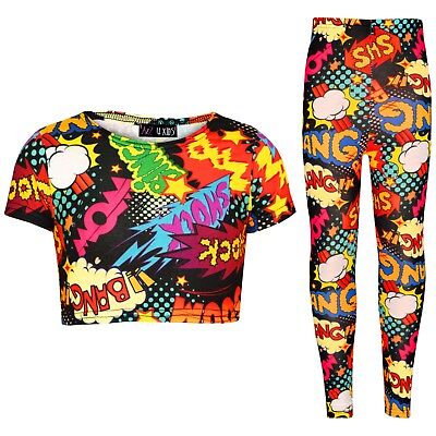 Kids Girls Wow Bang Boom Crop Top T Shirt Legging Loungewear Outfit Set 7-13 Yr