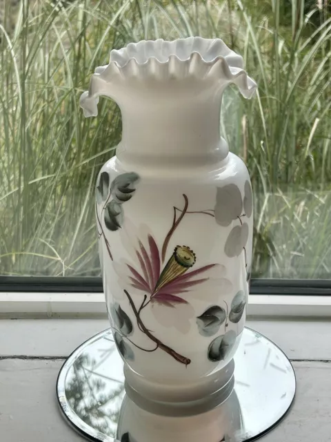 Opal Milk Glass Hand Blown, Hand Painted Floral, Glass Vase, Ruffled Top 27.5cm 3