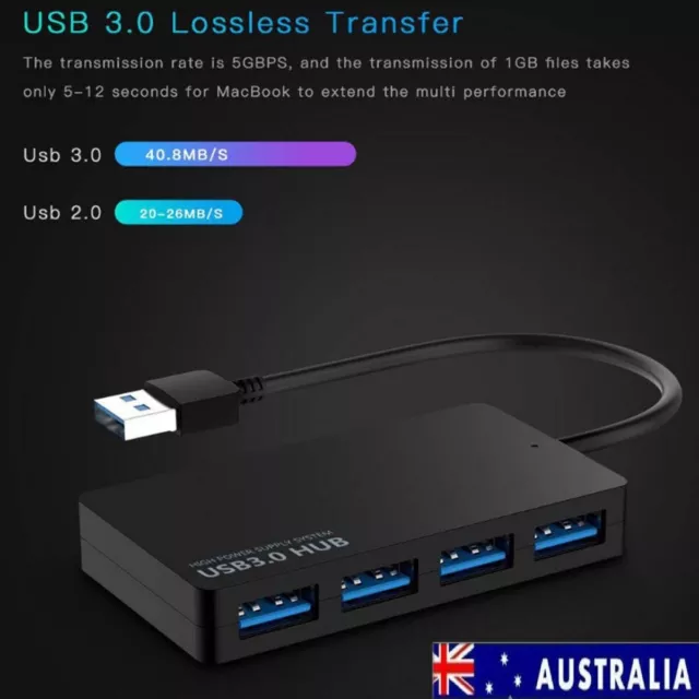 Multi USB 3.0 Hub 4 Port High Speed Slim Compact Expansion Smart Splitter AU