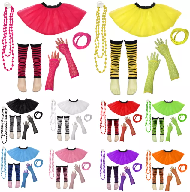 80's Neon UV Tutu Skirt Leg Warmer Gummies Beads Hen Fancy Dress Party Costumes