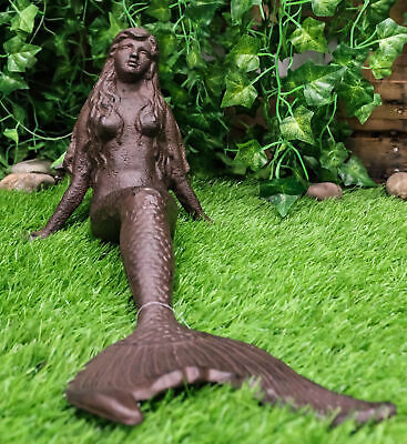 16"L Nautical Mermaid Leaning Back On Tail Rustic Cast Iron Shelf Sitter Statue