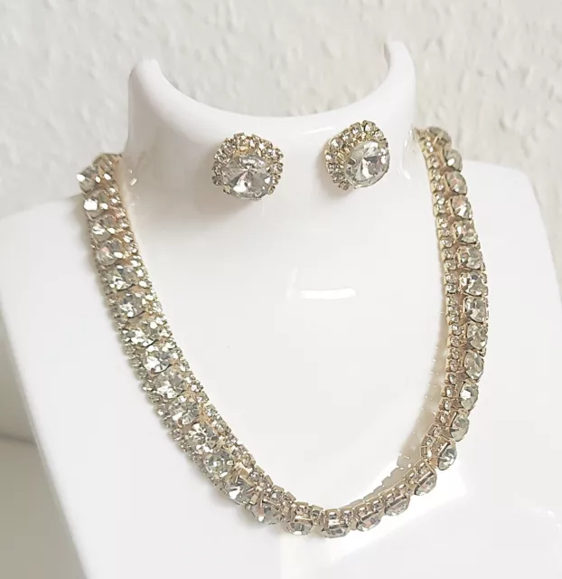 2Tlg. Schmuck Set Collier-Ohrringe in Gold mit Strass.