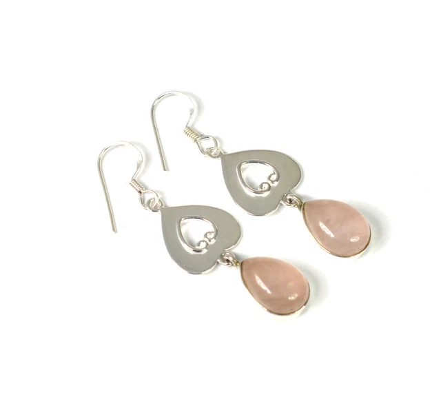 925 SOLID STERLING SILVER PINK ROSE QUARTZ HOOK EARRING-1.7 INCH r724