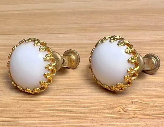 Vintage Miriam Haskell Signed Milk Glass Gold Tone Screw-Back Button Earrings