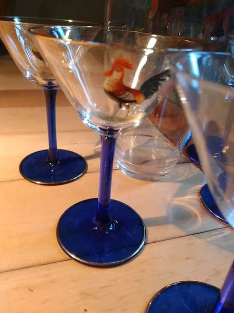 Vintage Cocktail Glasses & Glass Shaker Set with Hand-painted Cockerel/Rooster 3