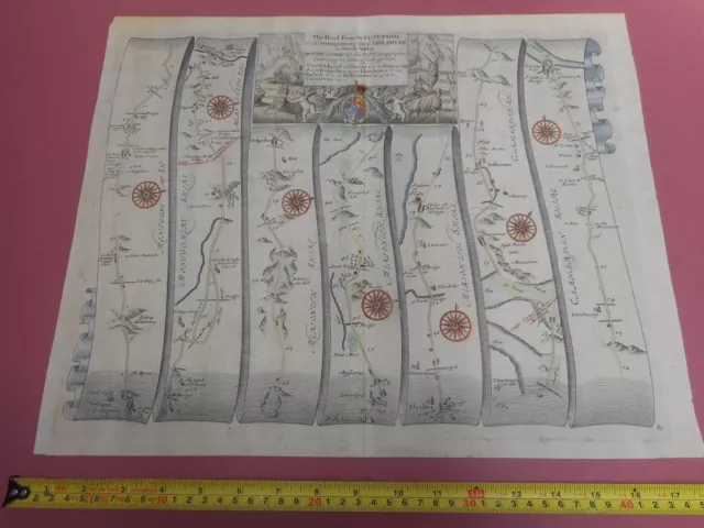 100% Original Large Welshpool To Carnarvon Road Map By Ogilby C1679 North Wales