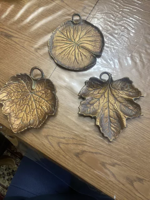 3 PC Set Vintage Solid Brass Maple Leaf Dish Trinket Jewelry Tray 8” Across