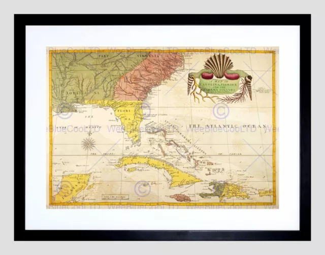 Map Antique Catesby Carolina Florida Bahama Cuba Framed Art Print B12X12746