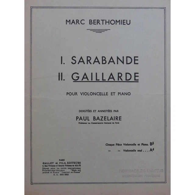 BERTHOMIEU Marc Gaillarde Piano Violoncelle