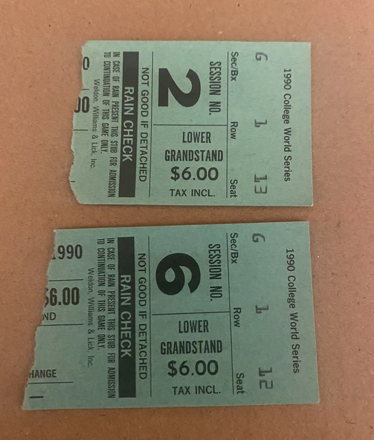 1990 College World Series CWS Ticket Stubs - GEORGIA Champions - The Citadel