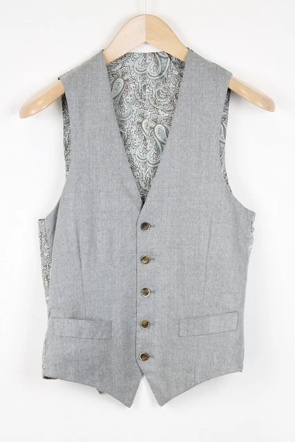Suitsupply Lazio UK32 Hommes Gilet Pure Laine Gris Chiné Flanelle Paisley Doublé