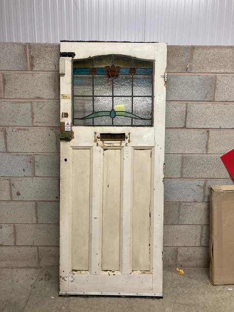 RECLAIMED EDWARDIAN ANTIQUE TIMBER FRONT DOOR WITH STAINED GLASS 1930s 2